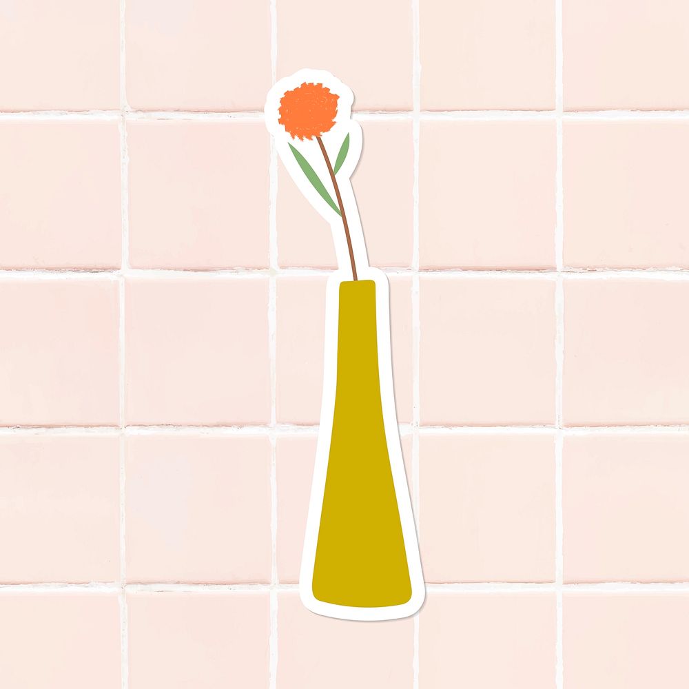 Orange doodle flower in a yellow vase sticker on tile background