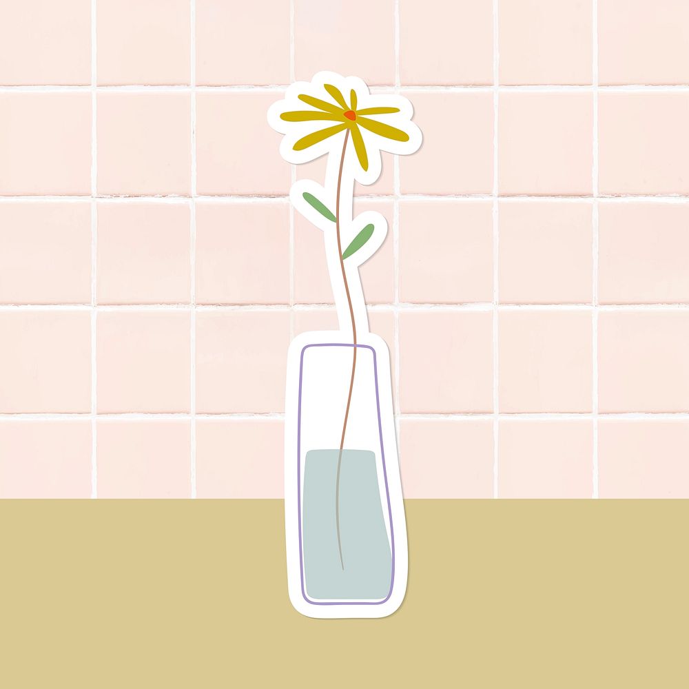 Yellow doodle flower in vase sticker on tile background
