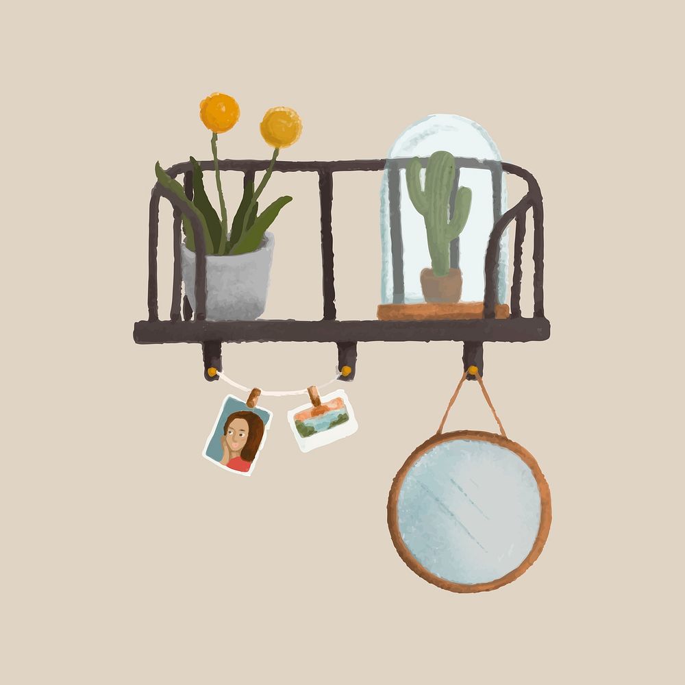 Plants on a shelf with a beige wall sketch style vector