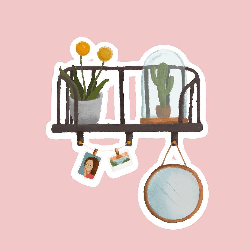 Wall shelf with indoor plants and household items sticker vector