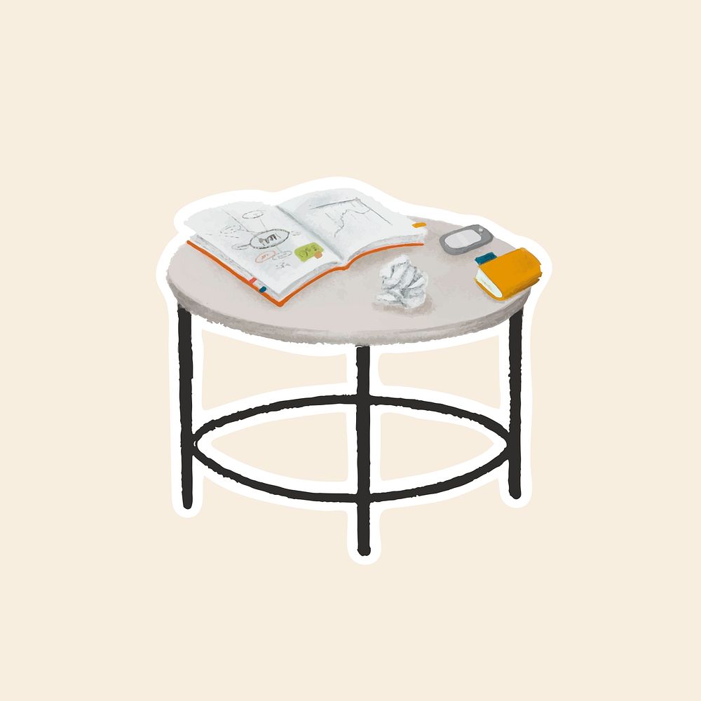 Round table with opened notebook and scramble paper sticker