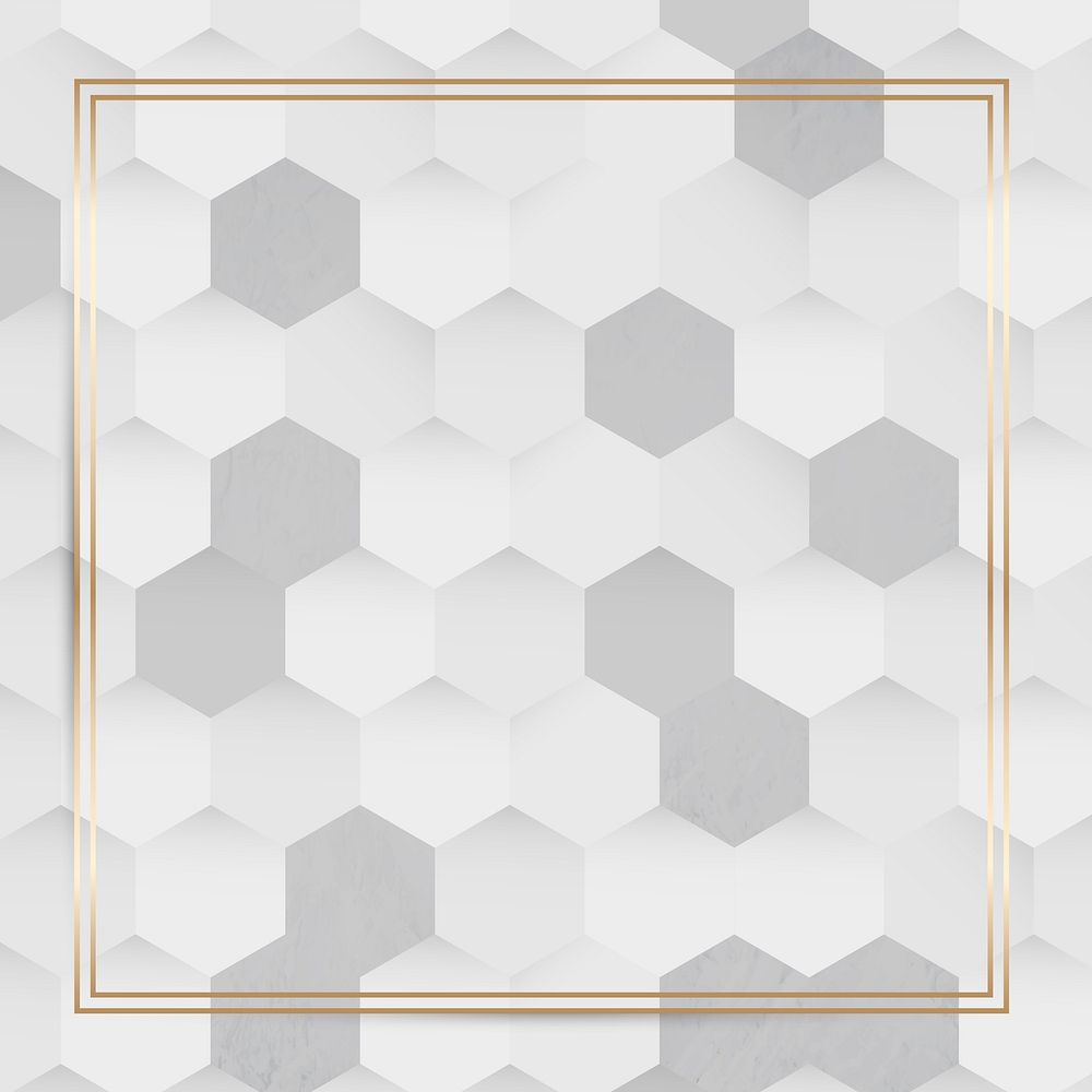 Gold frame on white and gray hexagon pattern background vector
