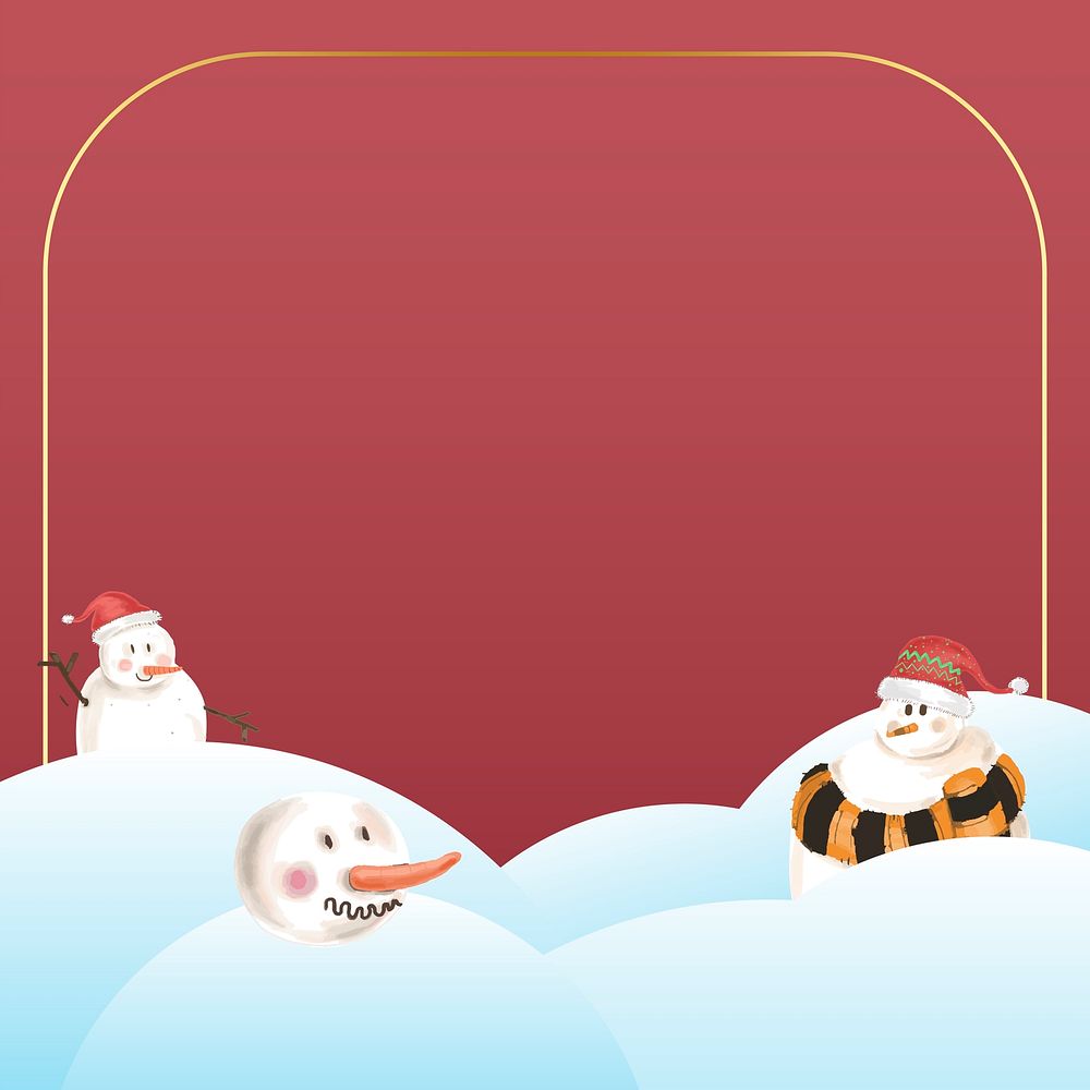 Gold frame with snowman pattern on red background vector