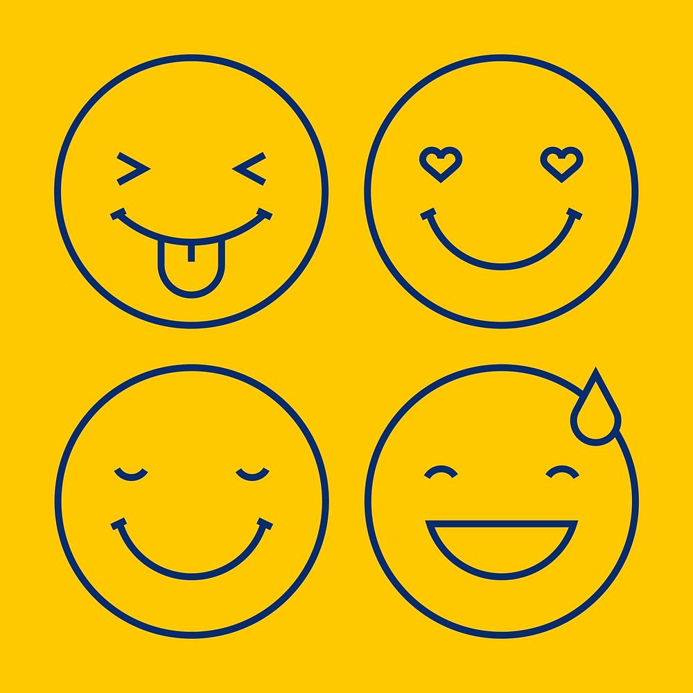 Black outline emoticon set isolated on yellow background vector