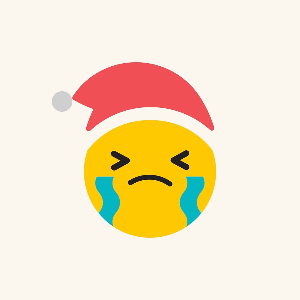 Round yellow Santa crying emoticon isolated on beige background vector