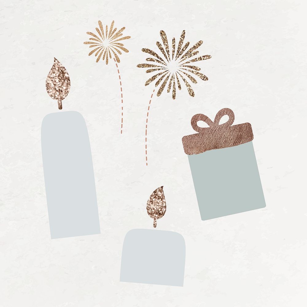 New Year pillar candles, gift box and fireworks doodle on textured background vector