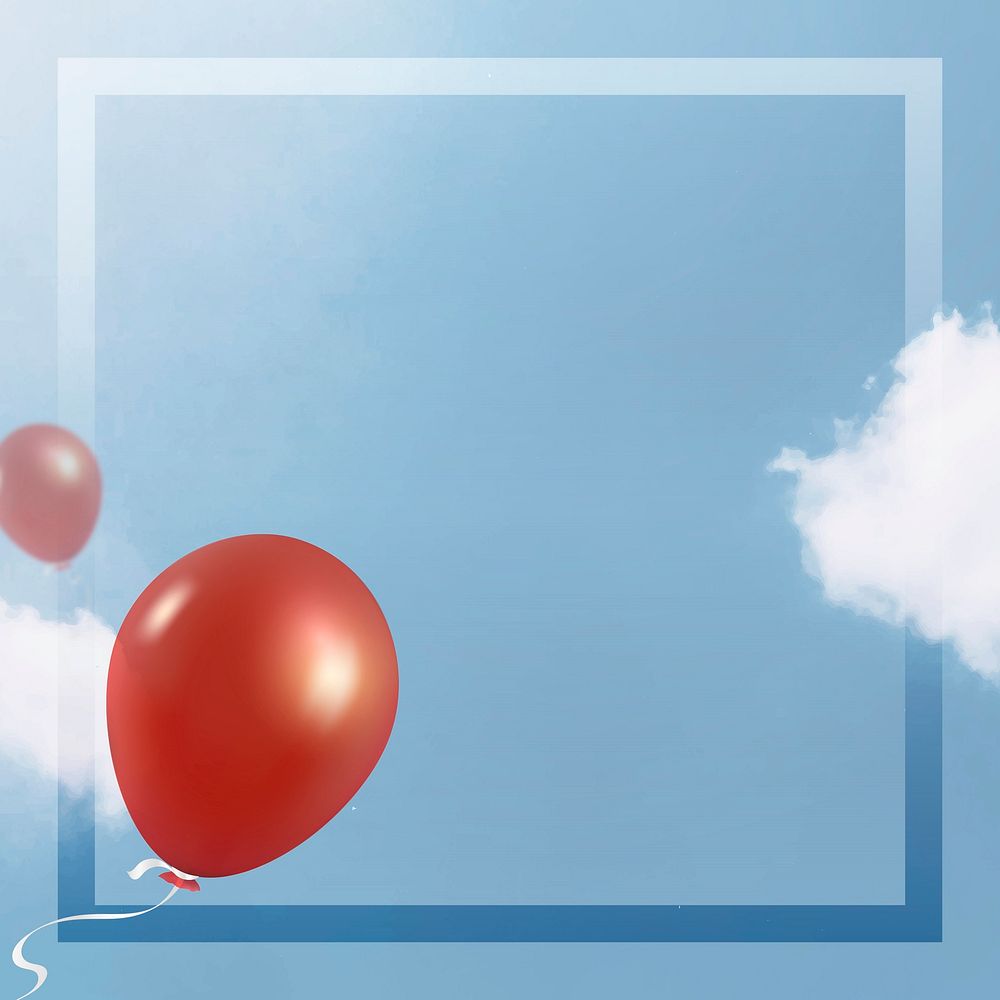 Red flying balloons frame in sky  