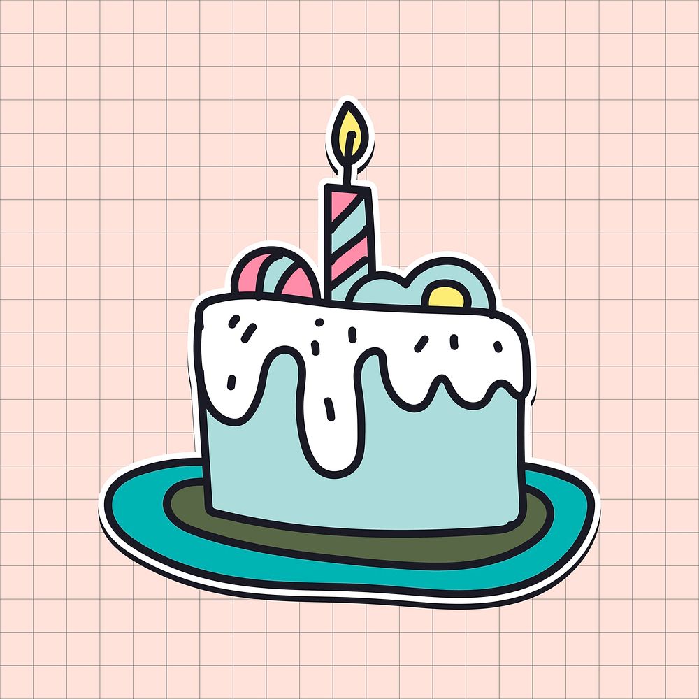 Hand drawn cake with a candle sticker vector