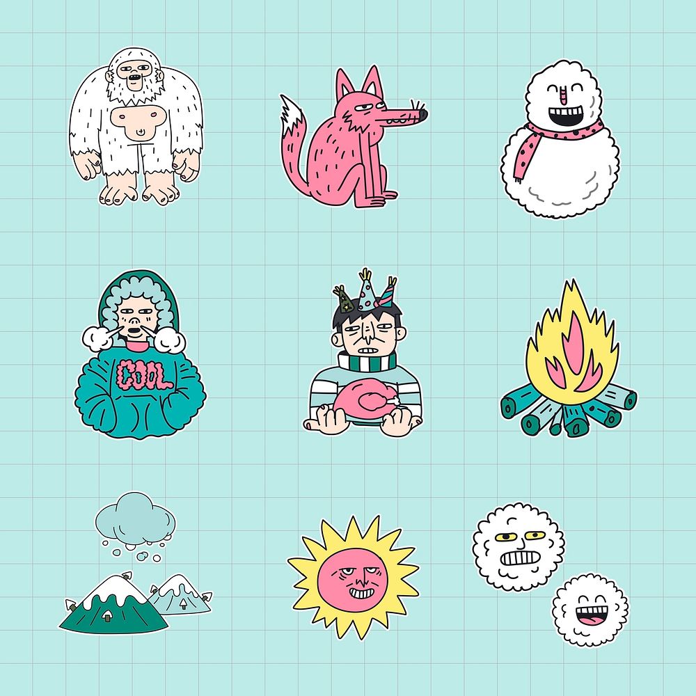 Hand drawn winter stickers collection illustration