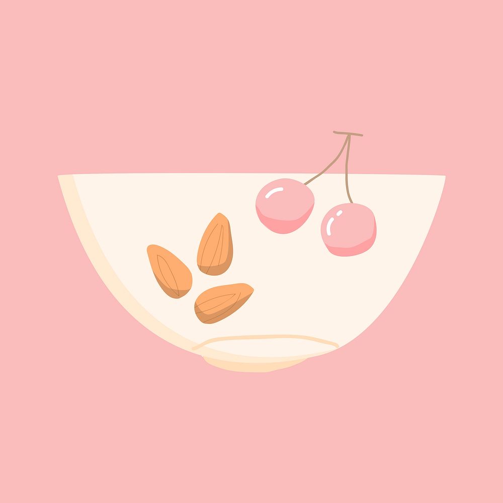 Bowl with almonds and cherries on pink background illustration