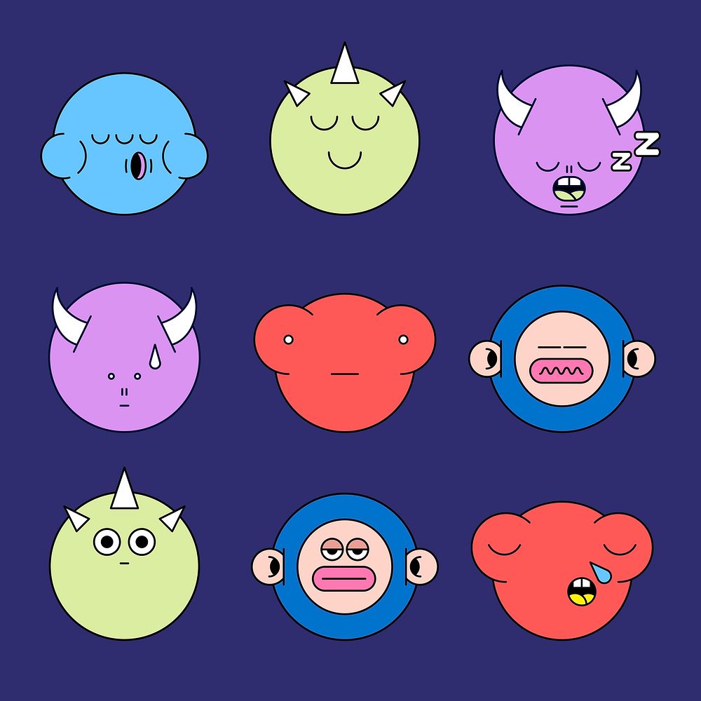 Mixed funky monster emoji stickers set template