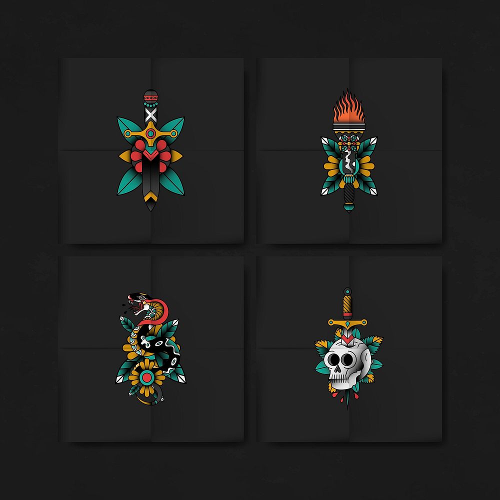 Traditional old school sticker set isolated on a black background vector