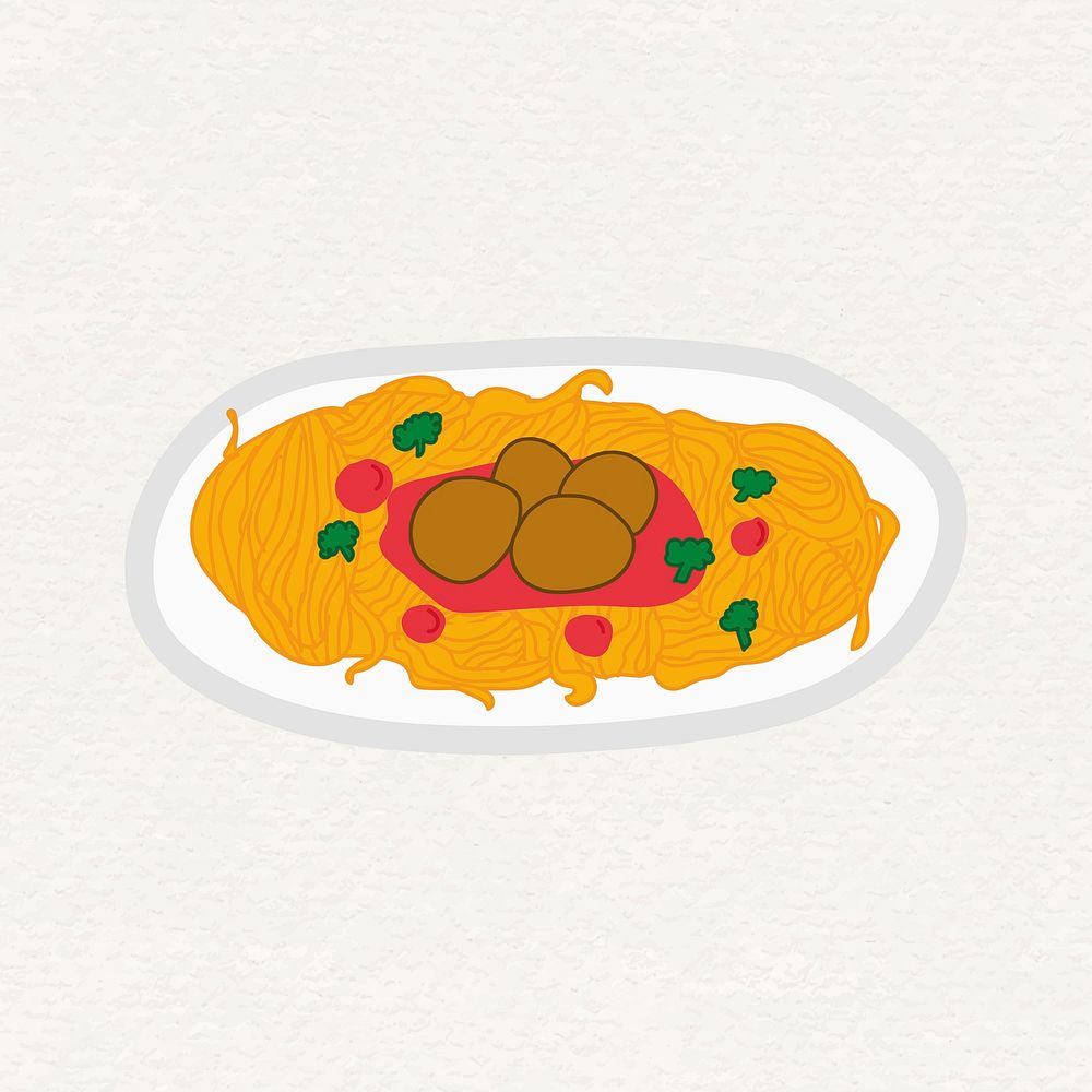 Spaghetti meatball doodle sticker vector