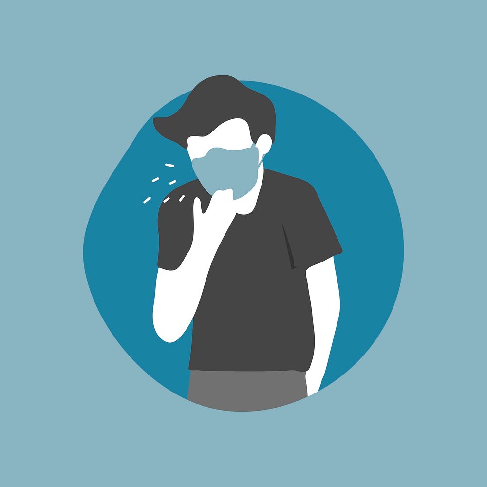 Man infected with covid 19 virus coughing behind a mask illustration