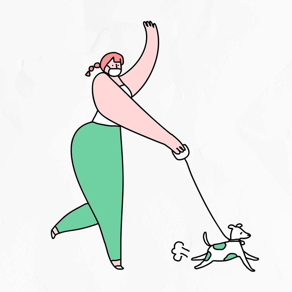 COVID-19 new normal woman walking dog doodle character