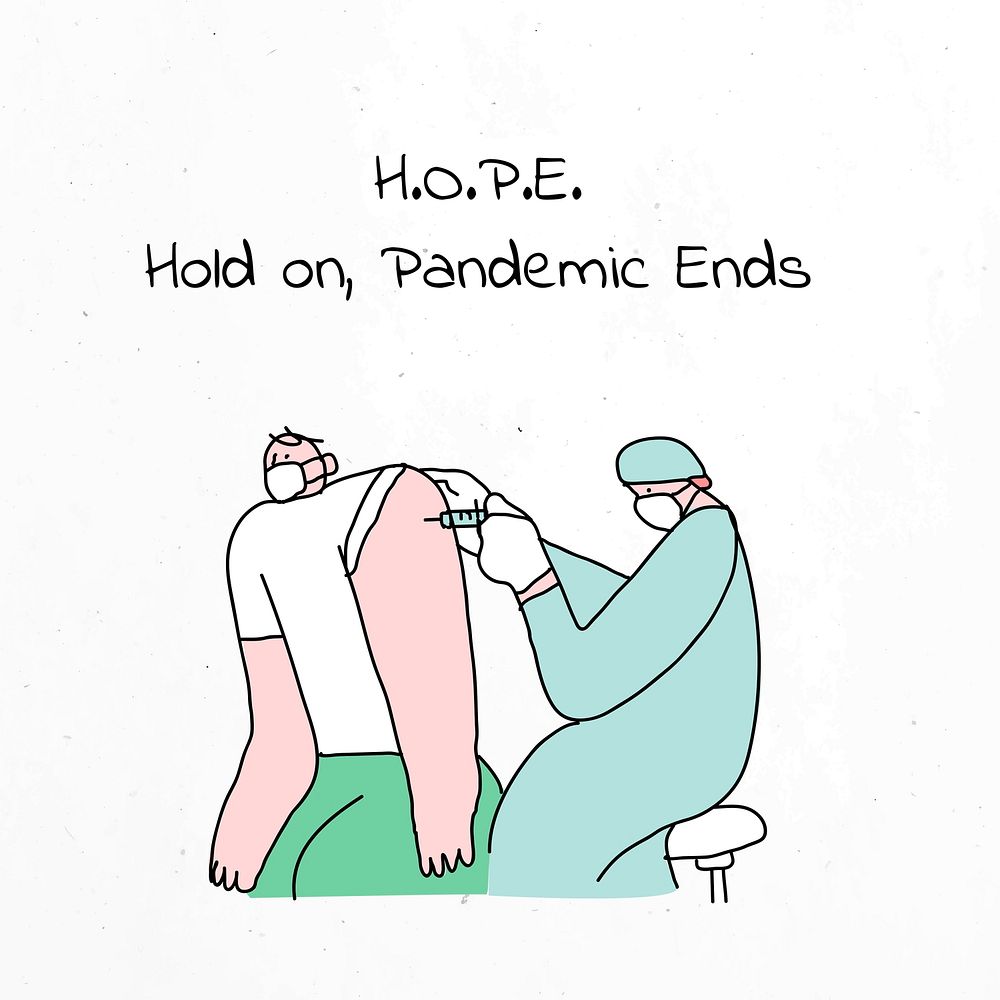 Hold on Pandemic Ends vector positive doodle social media post