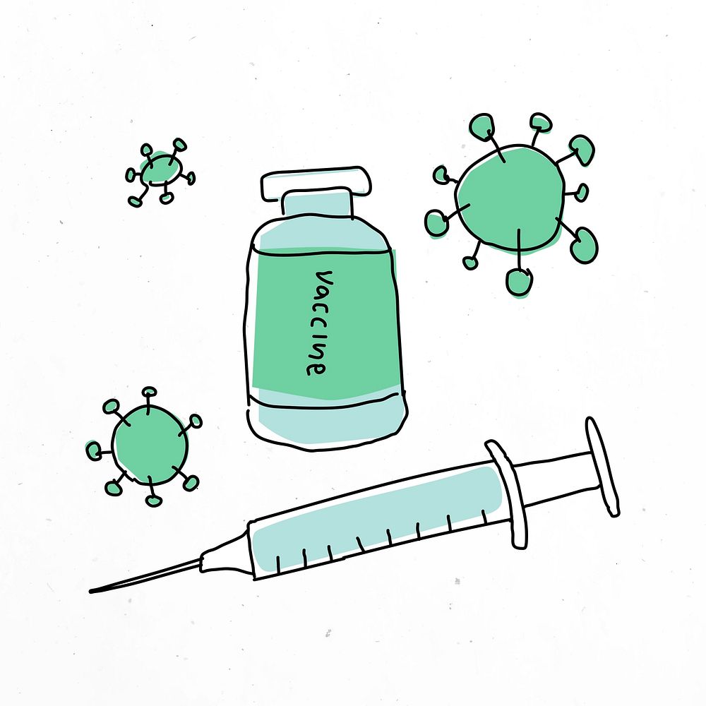Vaccine injection doodle illustration vial with needle doodle for clinical trial