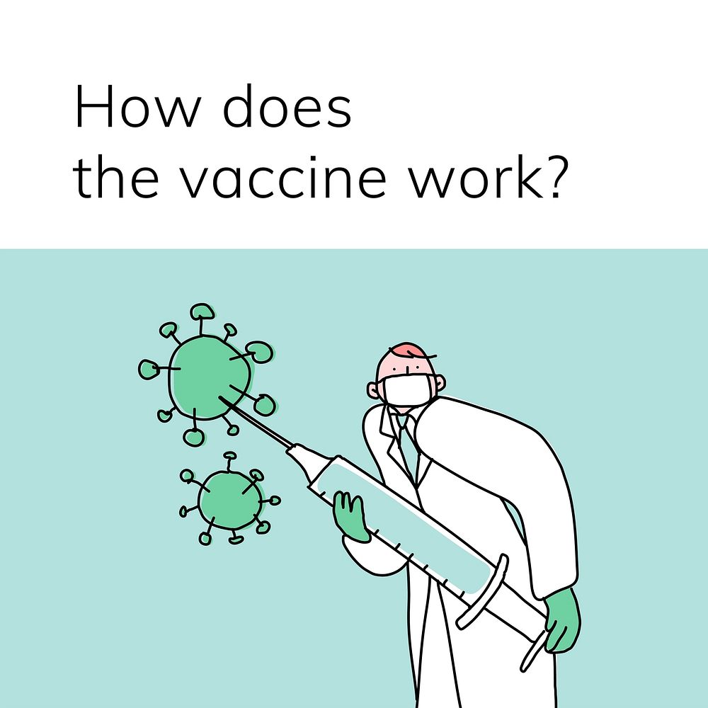 Doctor injecting vaccine doodle illustration character with how does the vaccine work? text