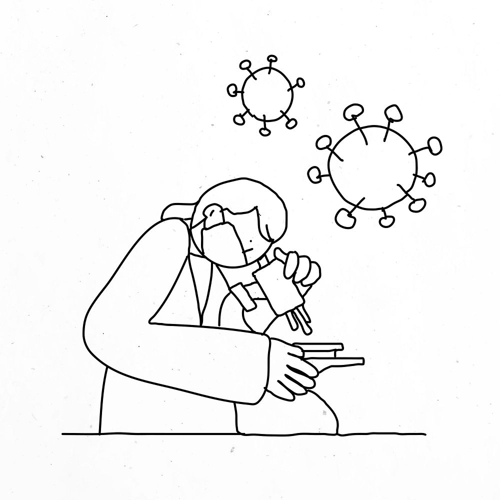 Covid 19 vaccine study doodle illustration with researcher character