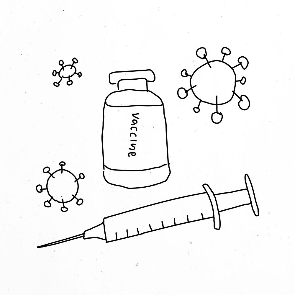 Vaccine injection vector doodle illustration vial with needle doodle for clinical trial