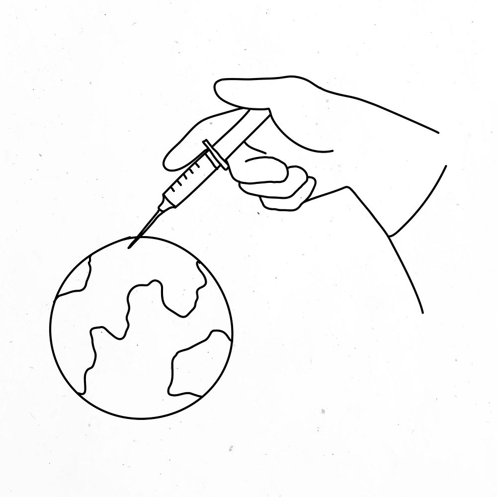 Vaccine injection psd global clinical trial doodle illustration 