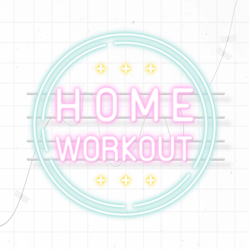Home workout during coronavirus pandemic neon sign vector