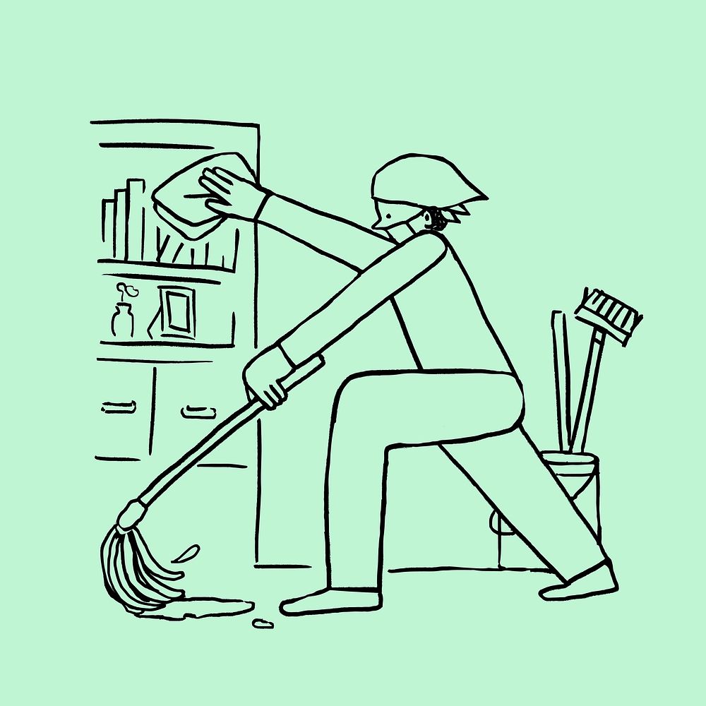 Woman cleaning her house during coronavirus quarantine element doodle vector