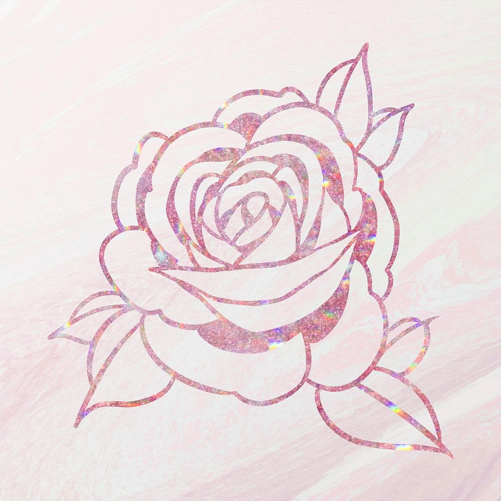 Glittery pink holographic rose flower outline sticker overlay