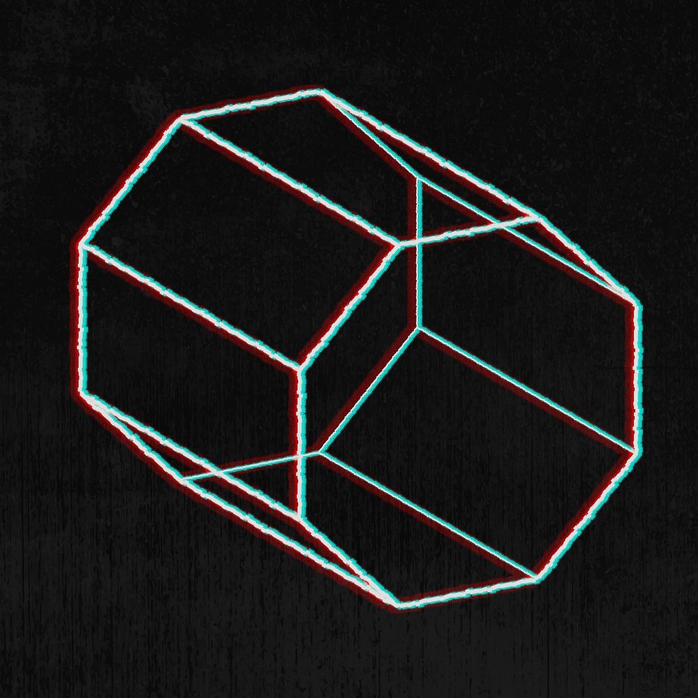 3D hexagonal prism with glitch effect on a black background 