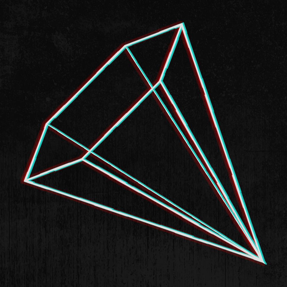 3D hexagonal pyramid outline with glitch effect on a black background 