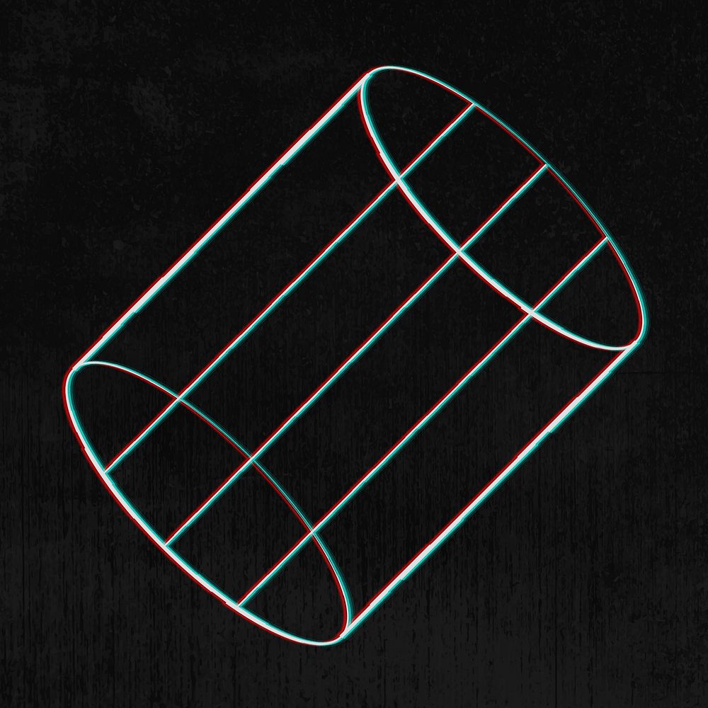 3D cylindrical shape outline with glitch effect on a black background 