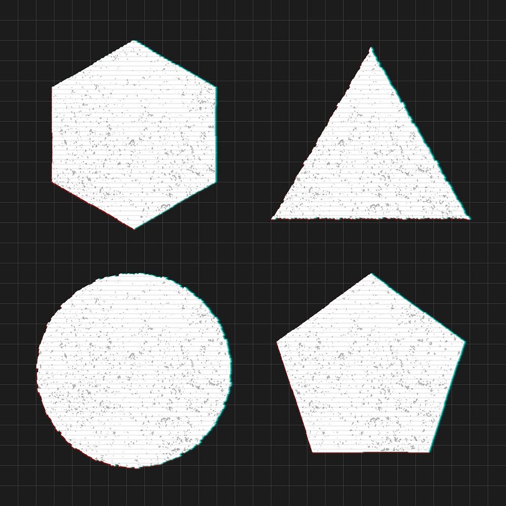 Glitch geometric shape design element set on a black grid background