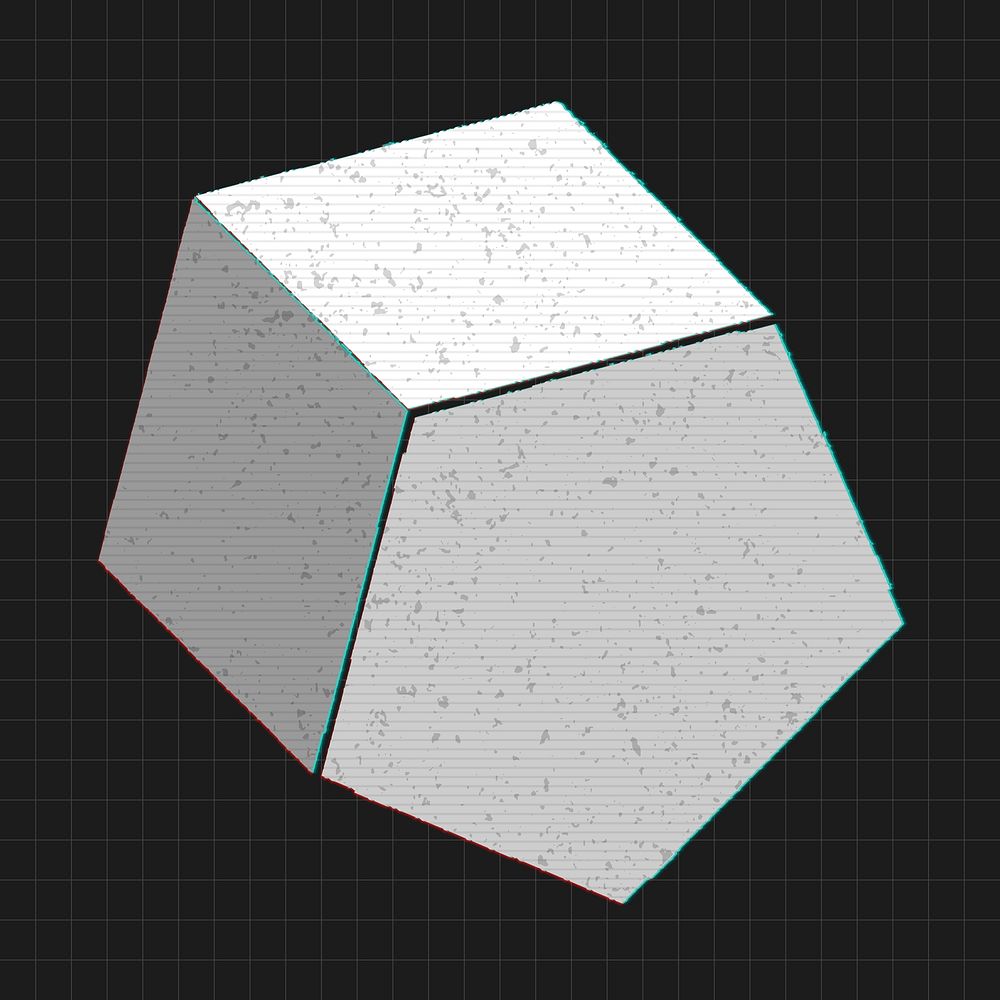 Gray 3D pentagonal prism with glitch effect on a black background