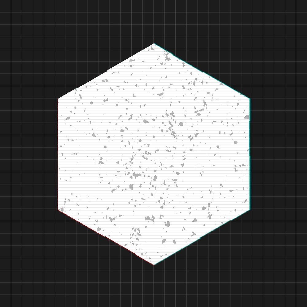 White geometric hexagon with glitch effect on a black background 