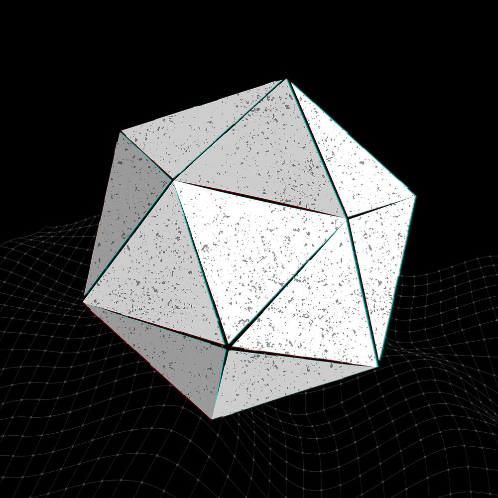 Gray 3D icosahedron with glitch effect on a black background