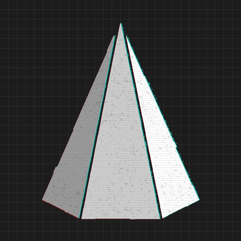 3D gray pentagonal pyramid with glitch effect on a black background 