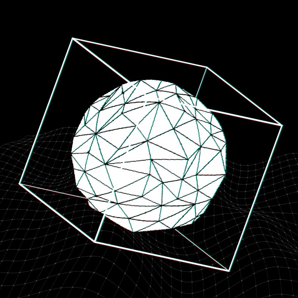 3D icosahedron in a cube with glitch effect on a black background 
