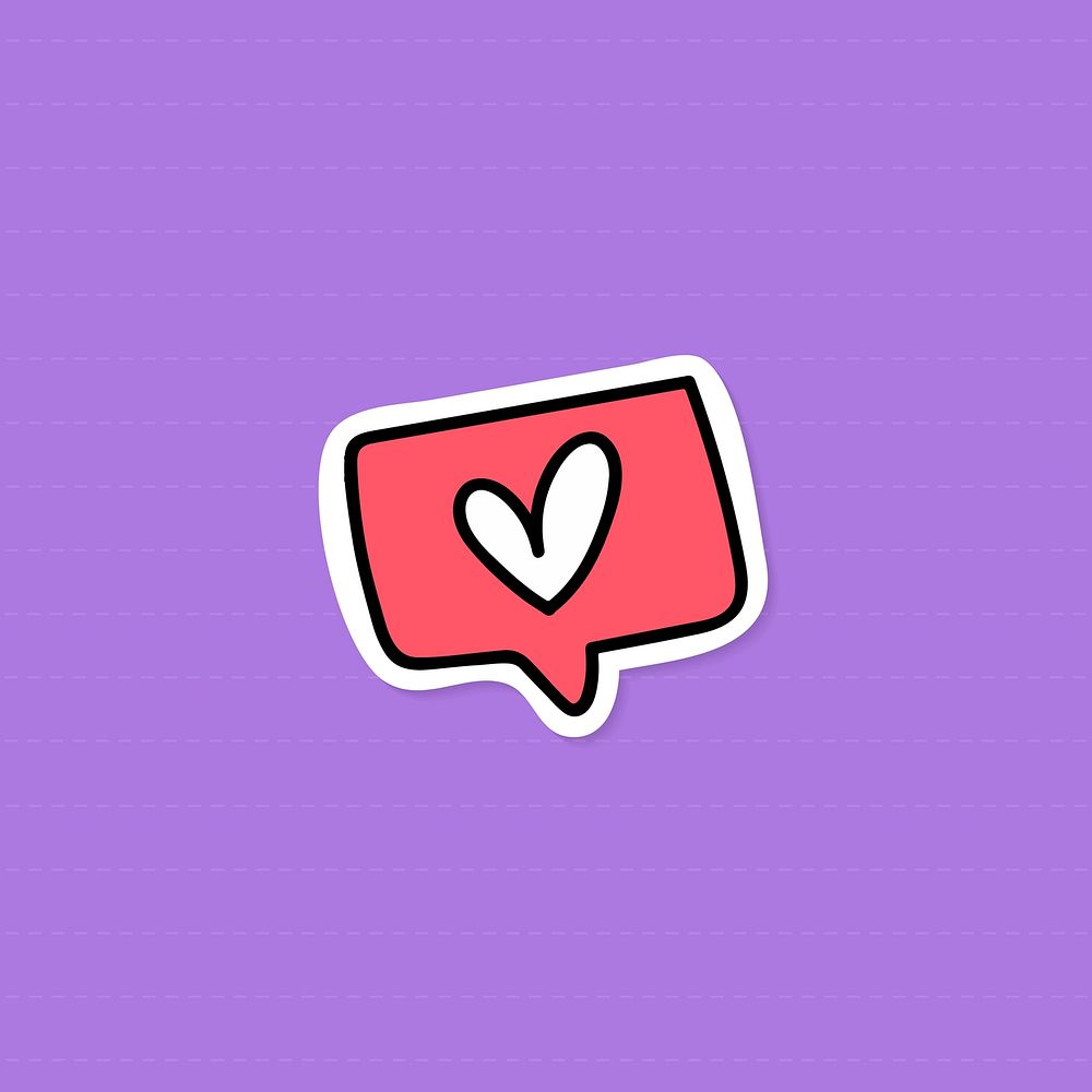 Pink love speech bubble sticker with a white border on a purple background vector