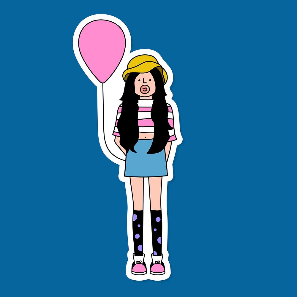 Fashionable black haired girl with a pink balloon sticker with a white border vector