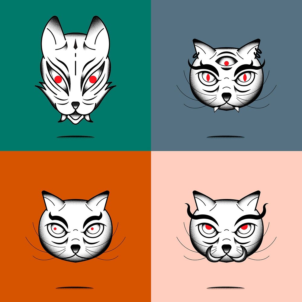 Bakeneko Japanese monster cat element set vector