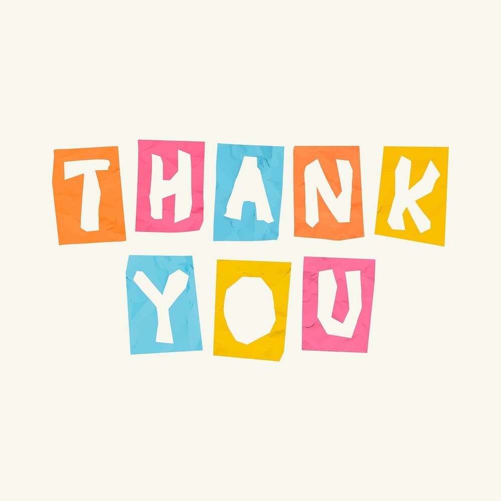 Thank you word psd colorful typography paper cut font