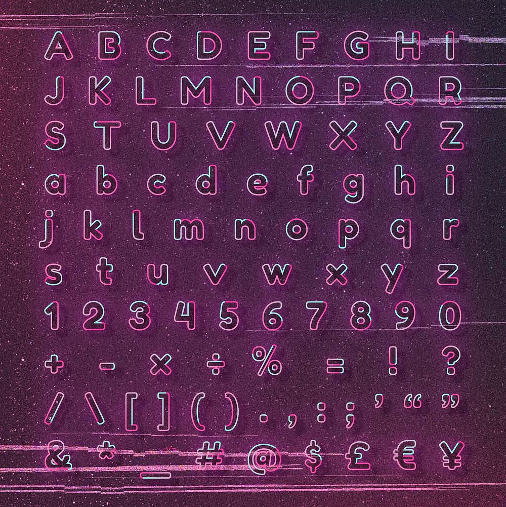 Alphabet, punctuations, symbols vector pink neon font typography set