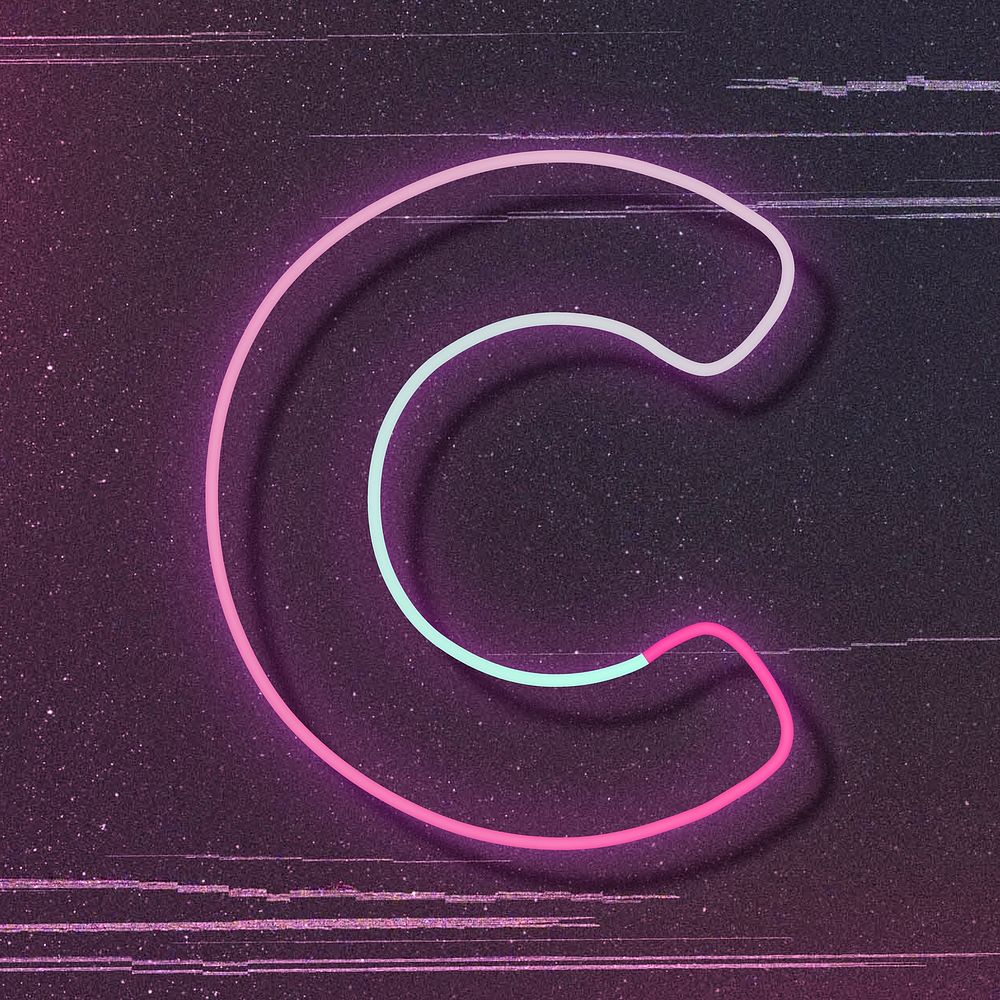 Pink neon glow letter C vector font typography