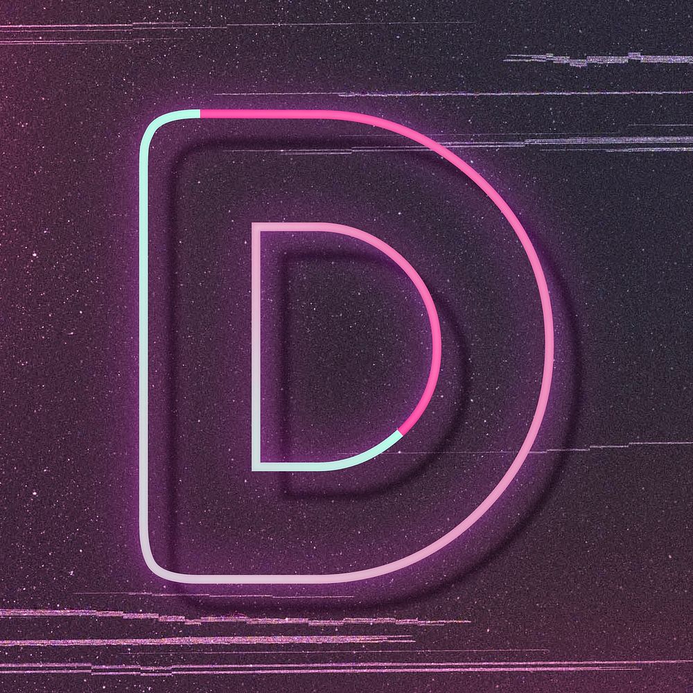 Pink neon glow letter D vector font typography