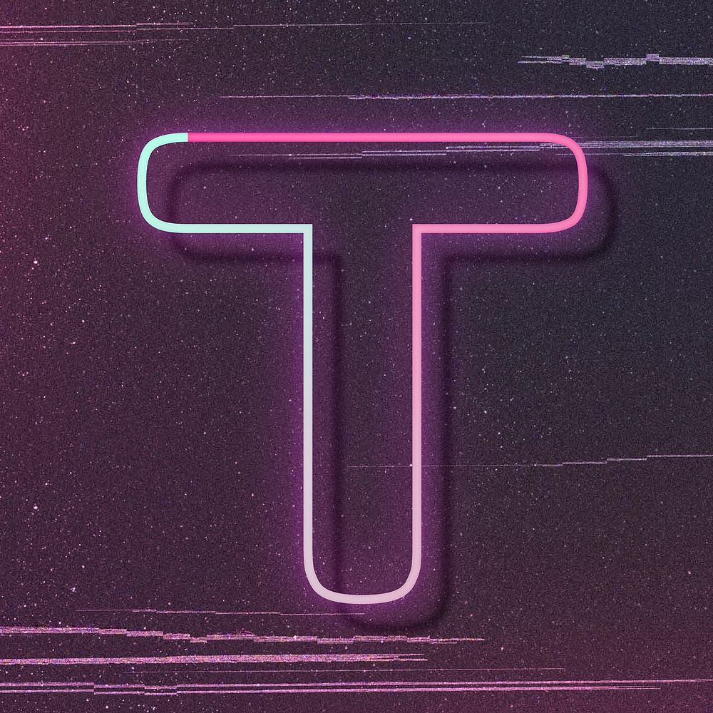Pink neon glow letter T vector font typography