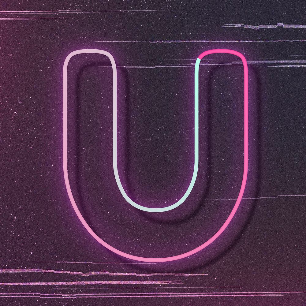 Pink neon glow letter U vector font typography