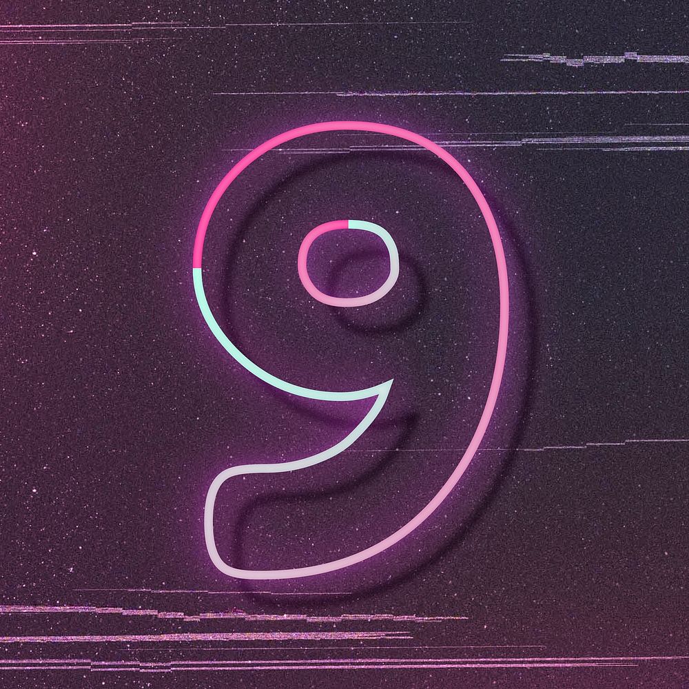 Pink neon glow number 9 vector font typography