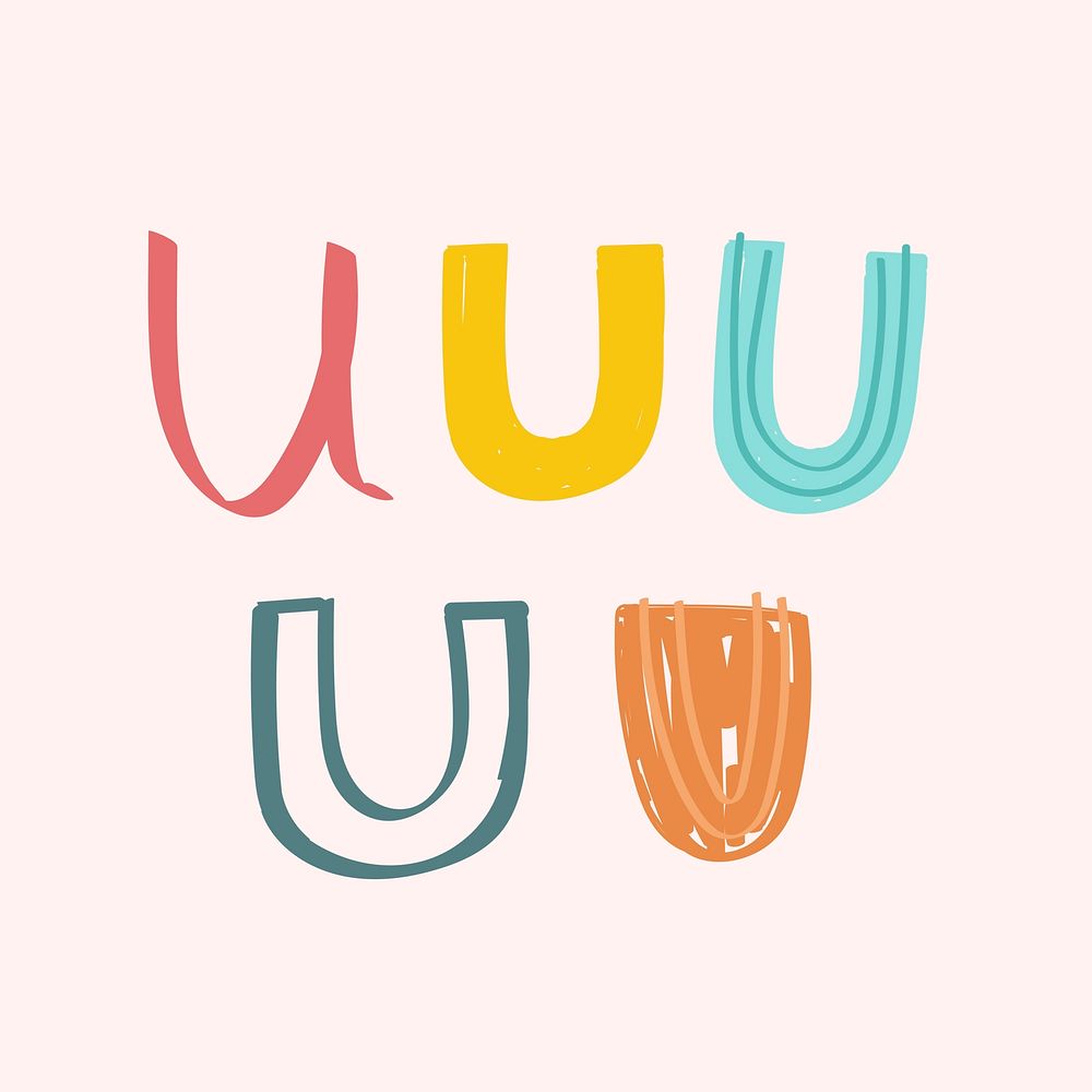 U letter doodle typography font set vector