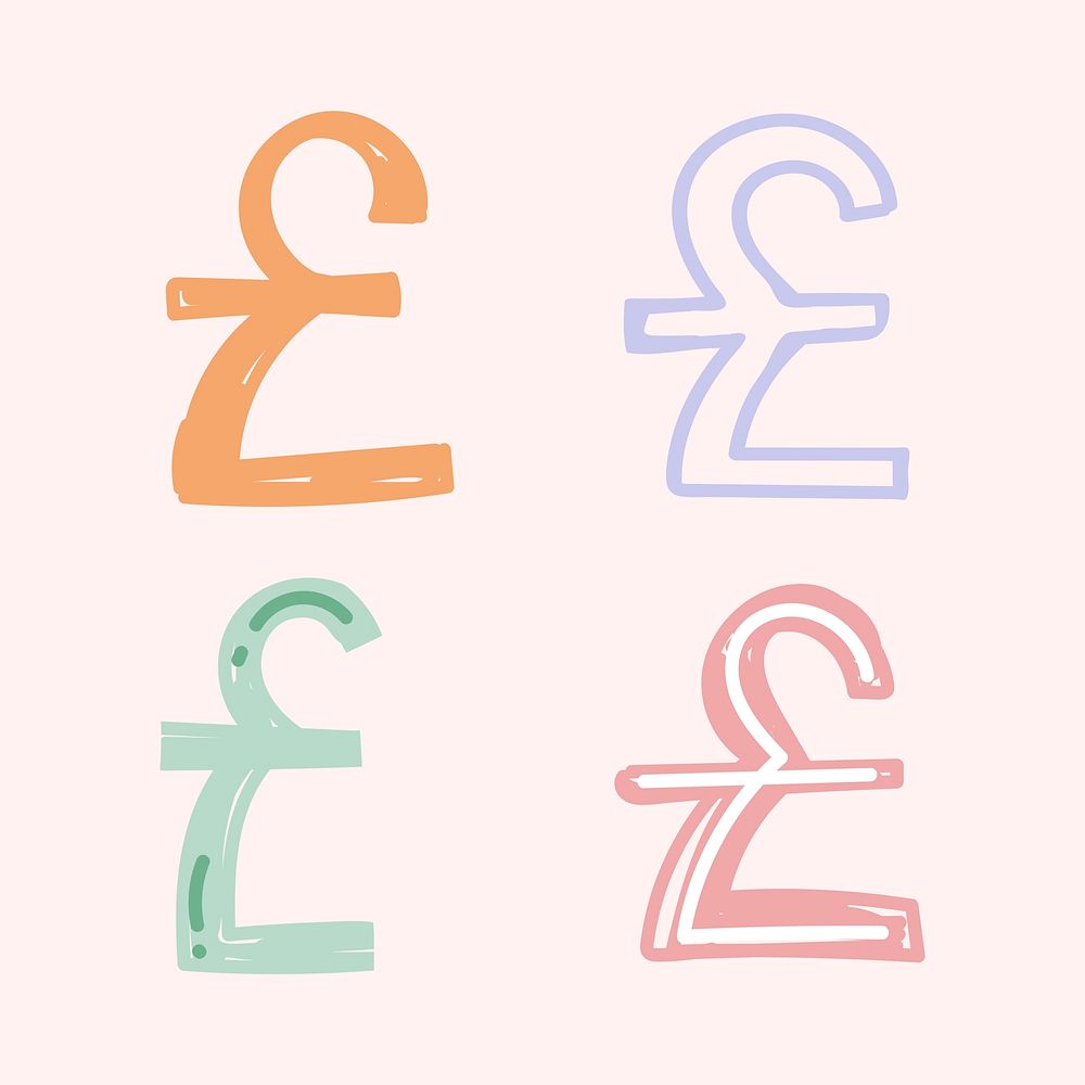 Pastel pound sterling symbol vector doodle font hand drawn set