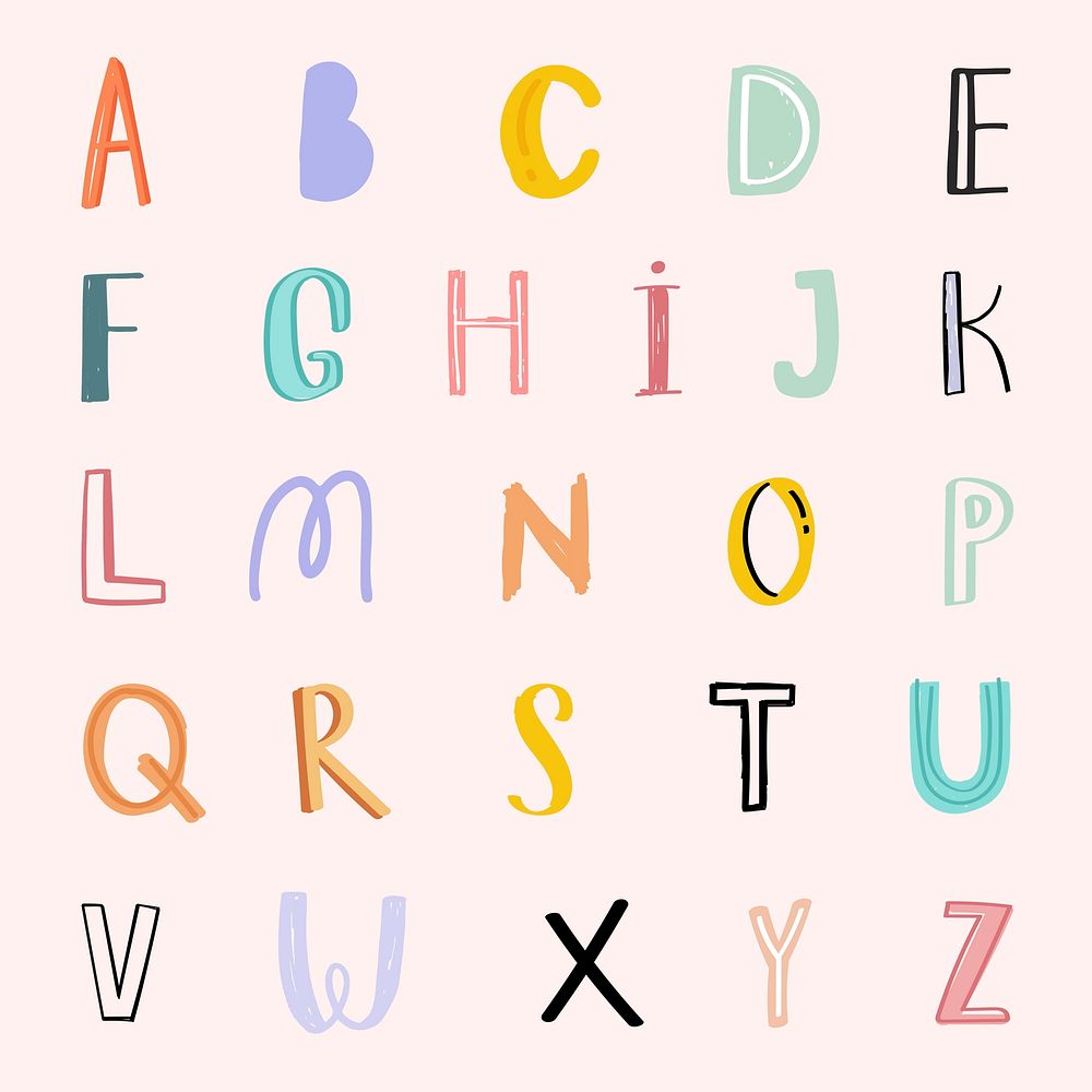 Psd alphabet hand drawn doodle font typography set